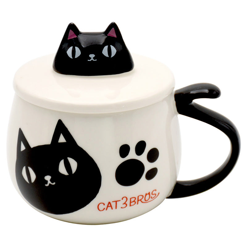 猫3兄弟 蓋付顔マグカップkuro(23171)